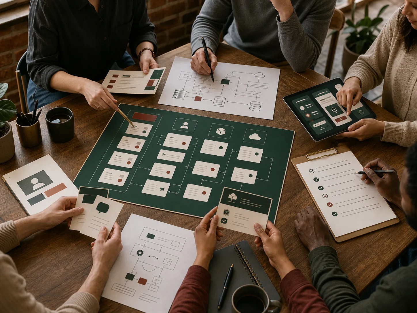 A compact delivery team collaborating around one shared project board