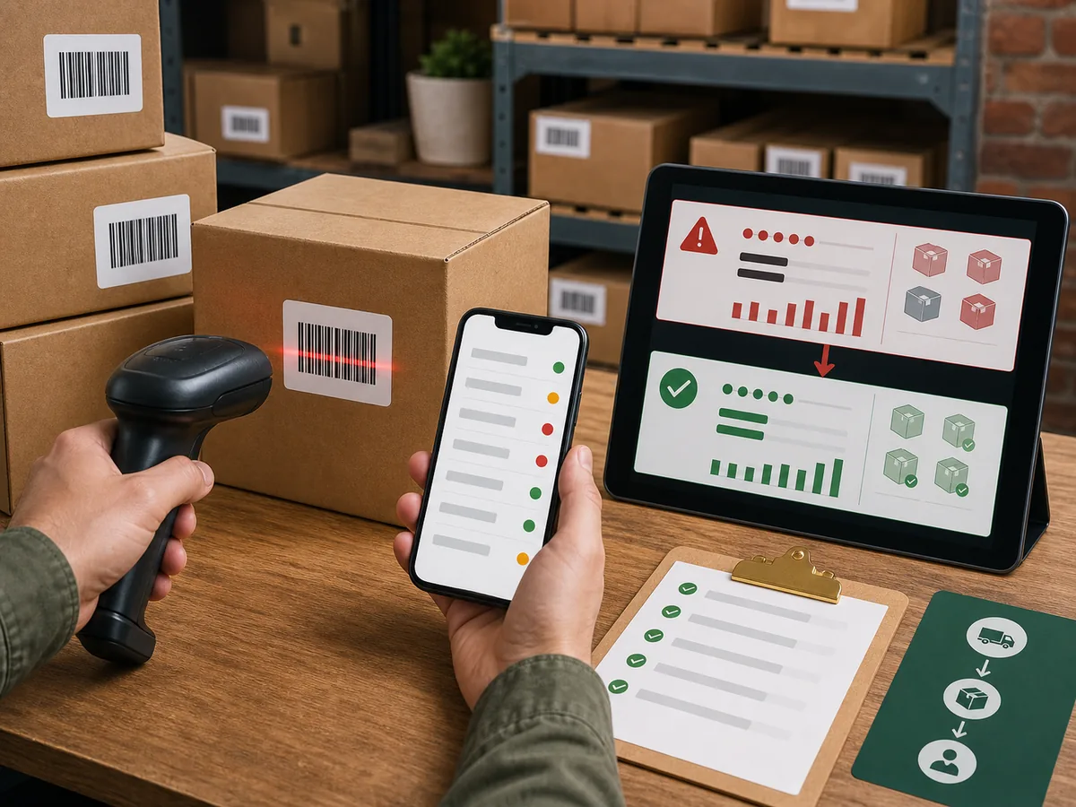Warehouse boxes, barcode scanner and inventory dashboard showing corrected stock
