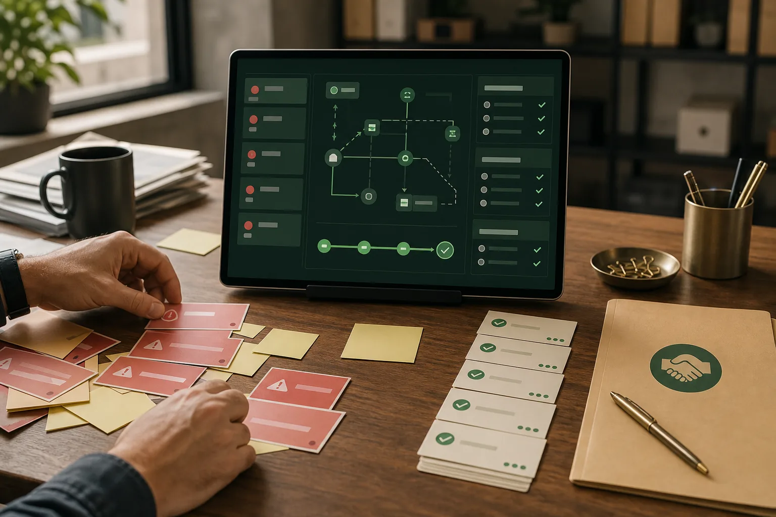 Engineer organising risk cards beside a software recovery dashboard