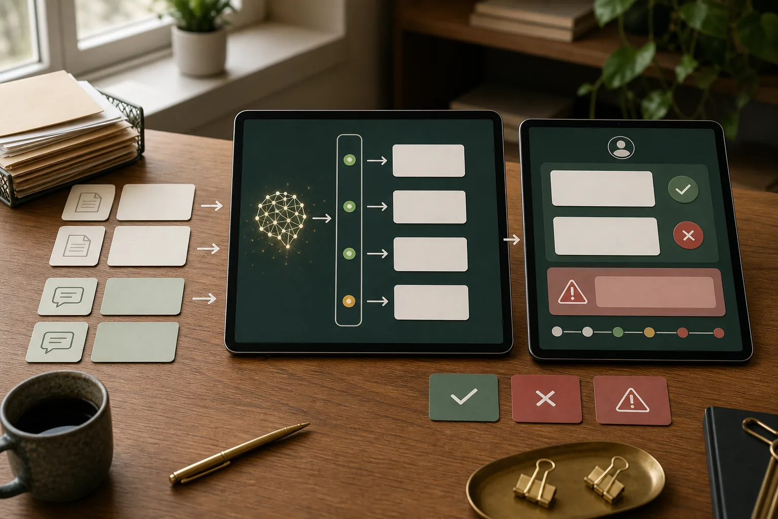 Business documents moving through AI processing with review and fallback controls
