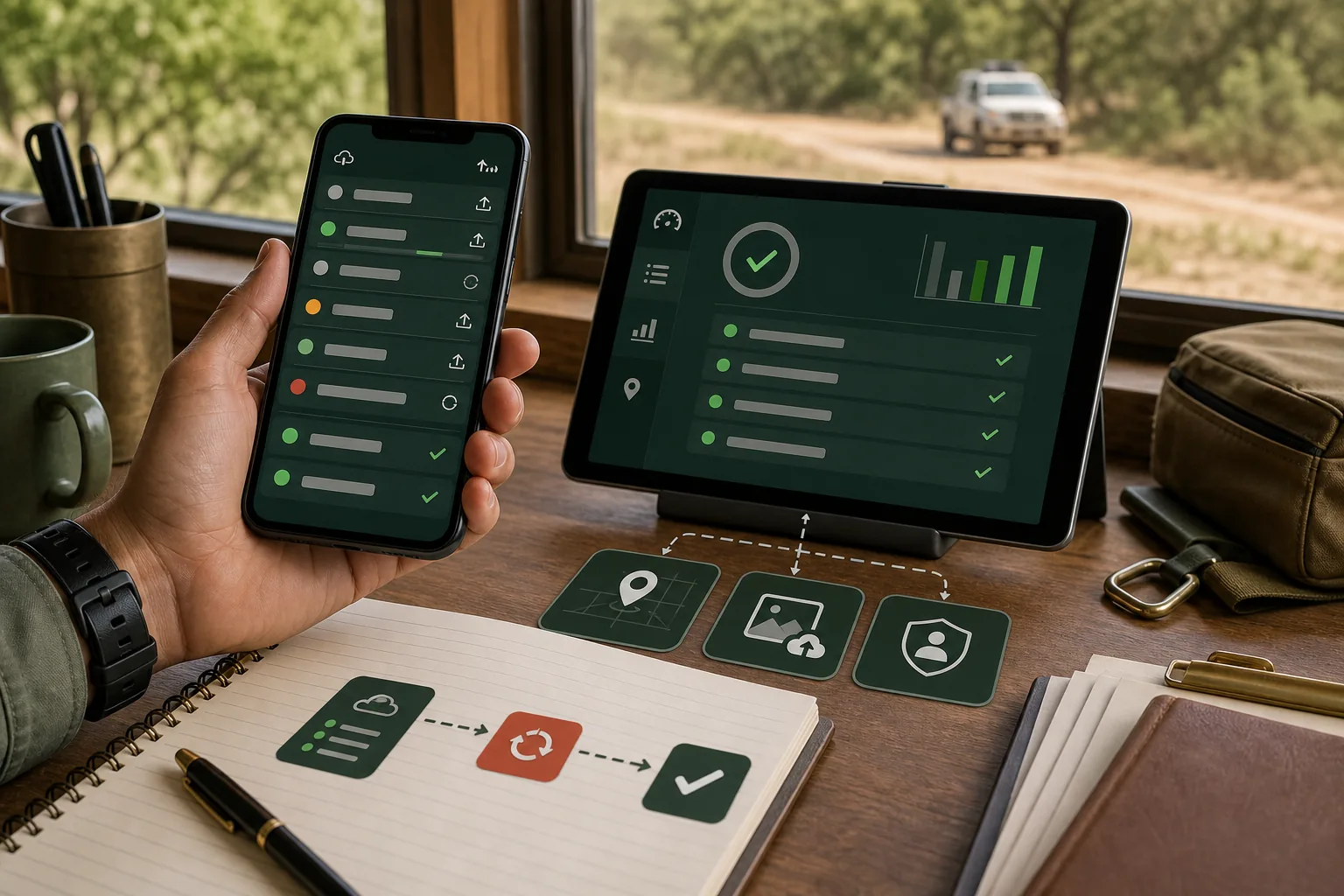Field phone syncing queued offline tasks with a central business dashboard