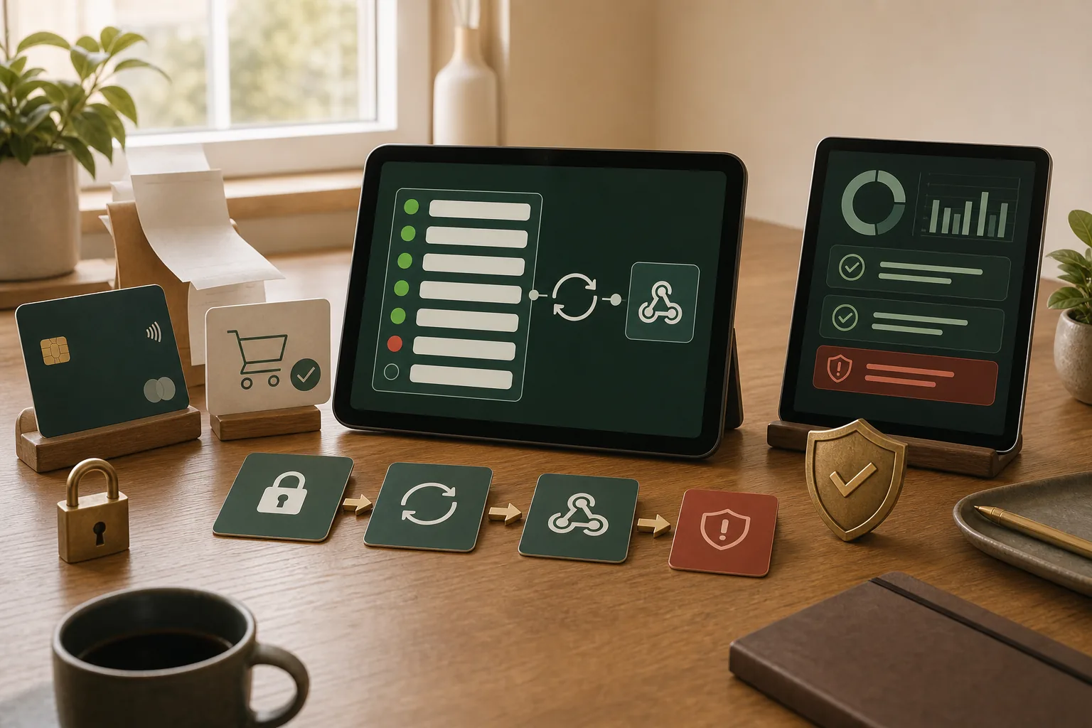 Payment event queue, retry controls and reconciliation dashboard on a desk