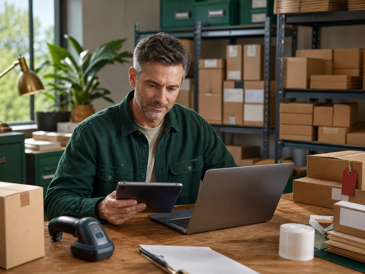 Warehouse manager reviewing stock operations with a tablet and barcode scanner