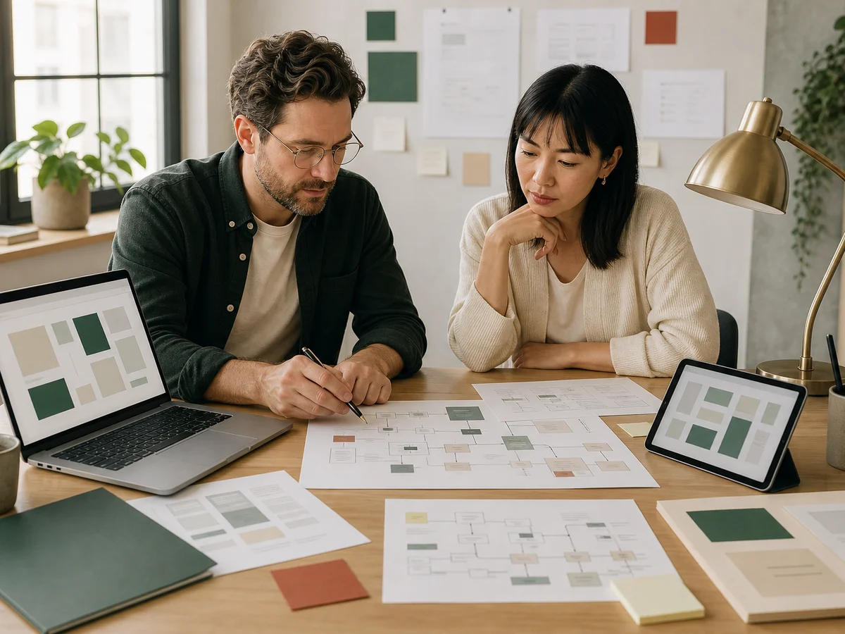 Engineer and product manager reviewing system diagrams and project evidence