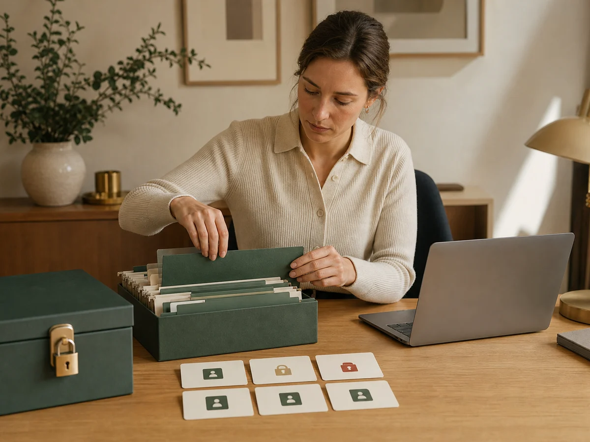 Professional organising secure records and access controls at a desk