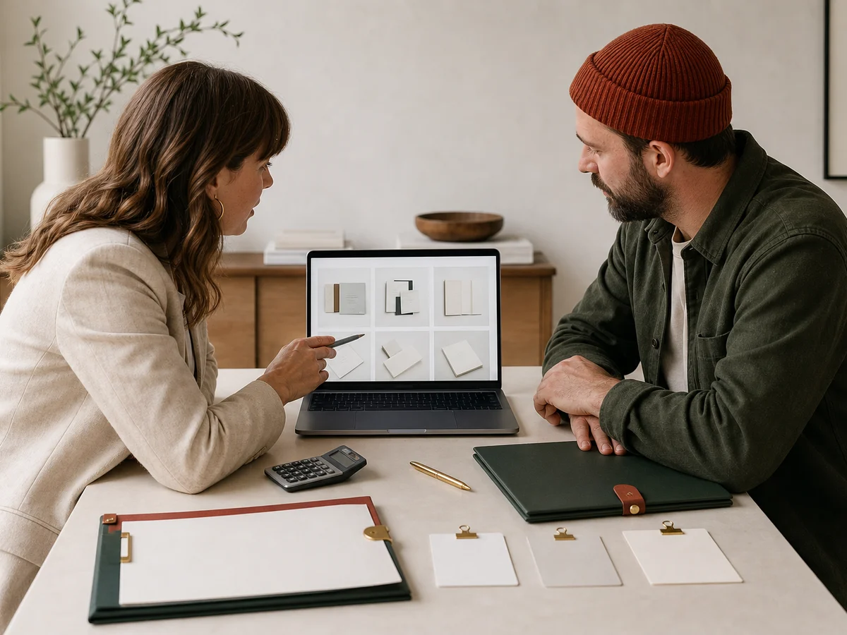 Consultant and business owner comparing clear service options and a quote