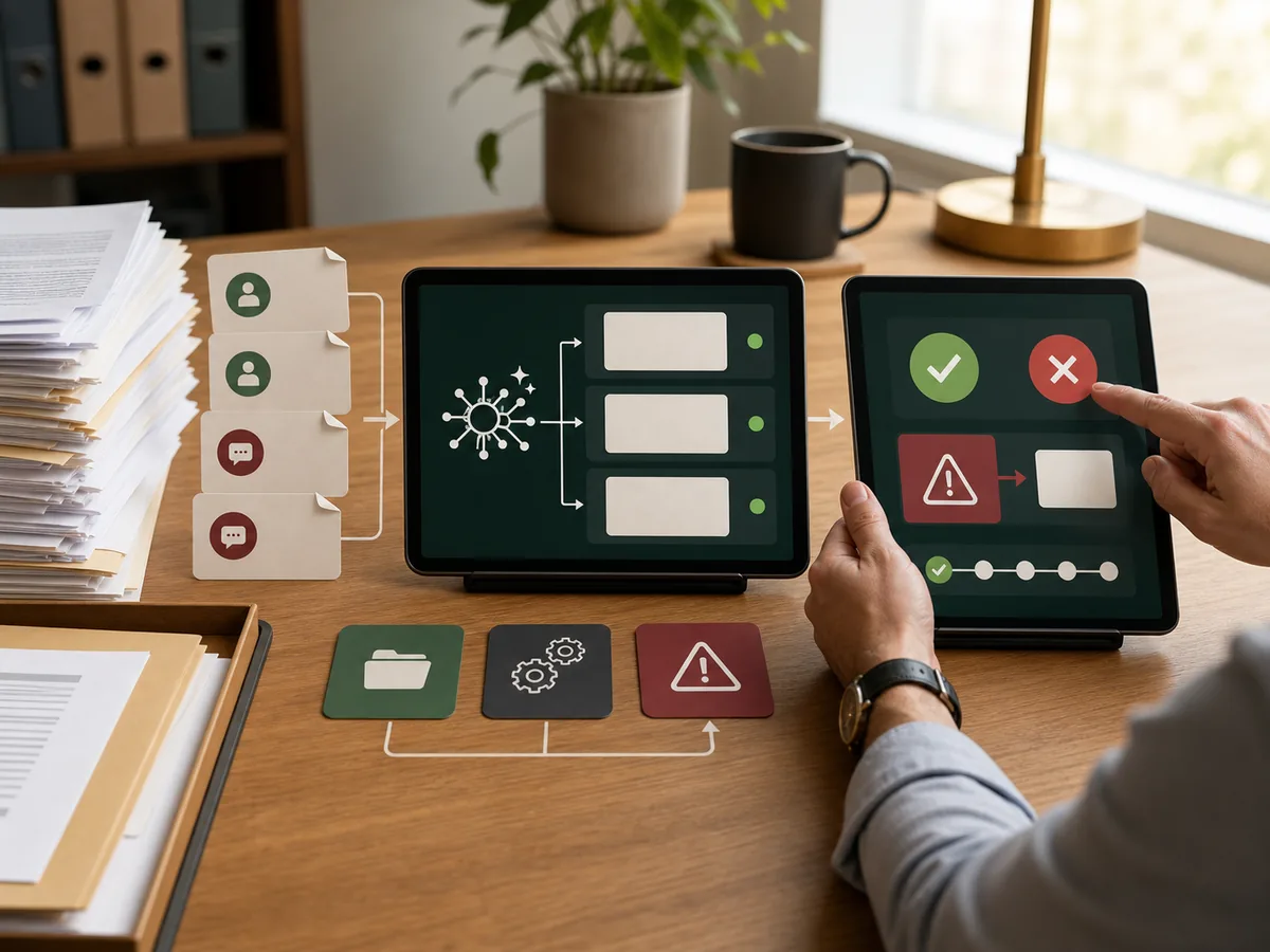 Documents flowing through AI processing with human approval controls